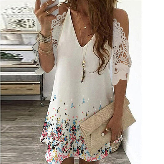 Dress Vintage Floral Printed Dresses Women Casual Off Shoulder Half Sleeves Lace Dress Hollow Out V-Neck Sling Party Dre