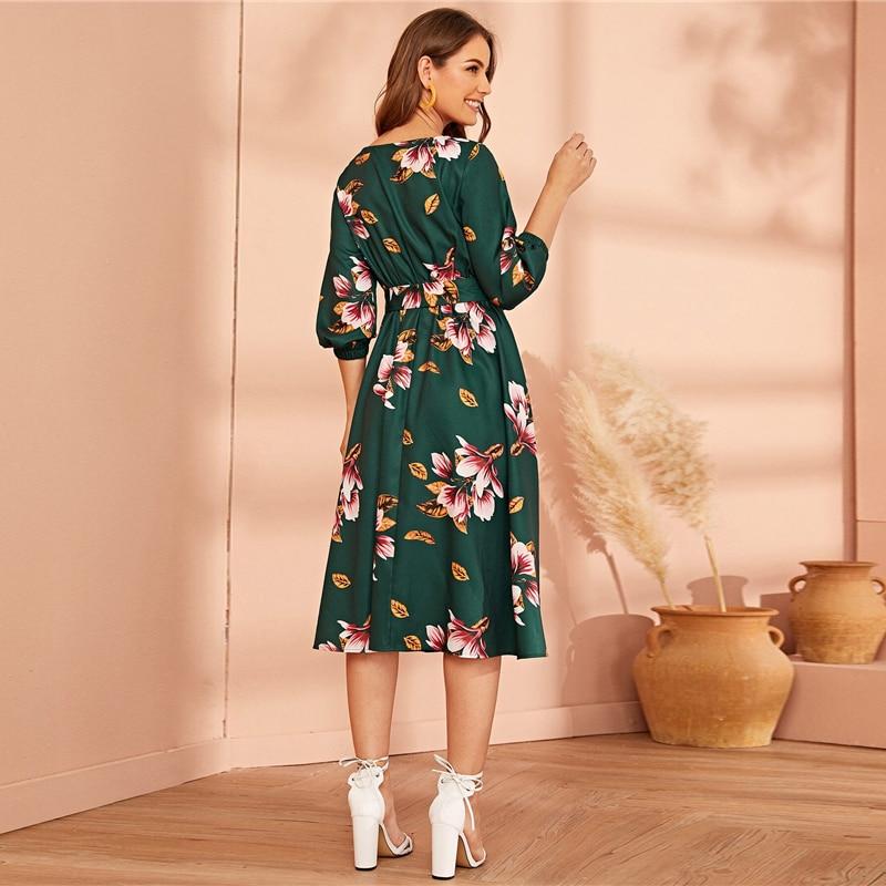 Green Abaya Elastic Waist Belted Floral High Waist Dress