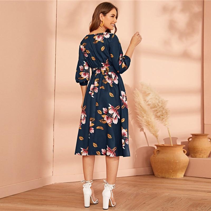 Green Abaya Elastic Waist Belted Floral High Waist Dress