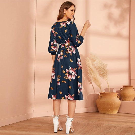 Green Abaya Elastic Waist Belted Floral High Waist Dress
